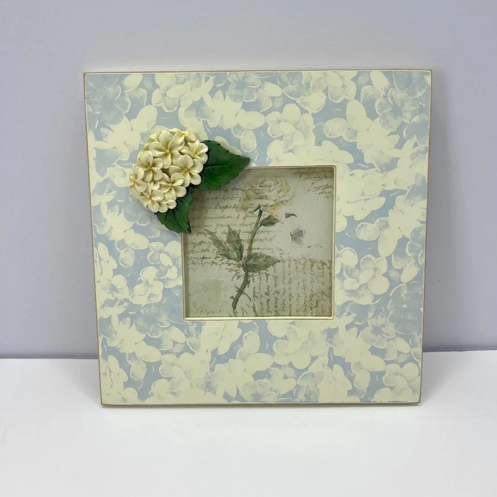 Shabby Chic Blue Hydrangea‎ Wooden Frame 3.5x3.5 Embellished Floral Cottage Y2K